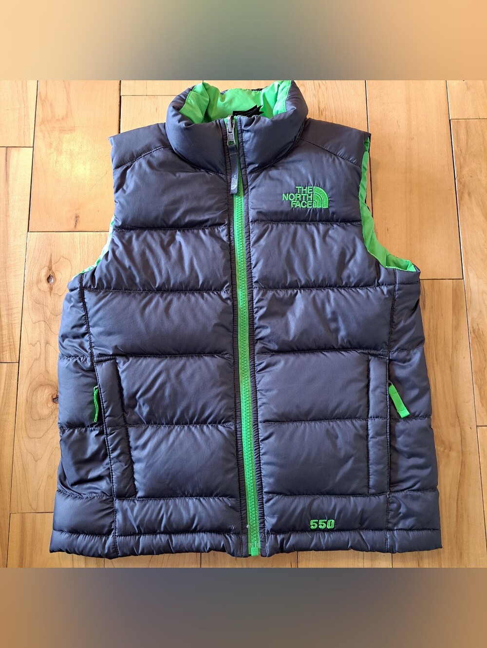 Kid's The North Face Goose Down Vest Warm Size Small (7/8) Charcoal/Bright Green